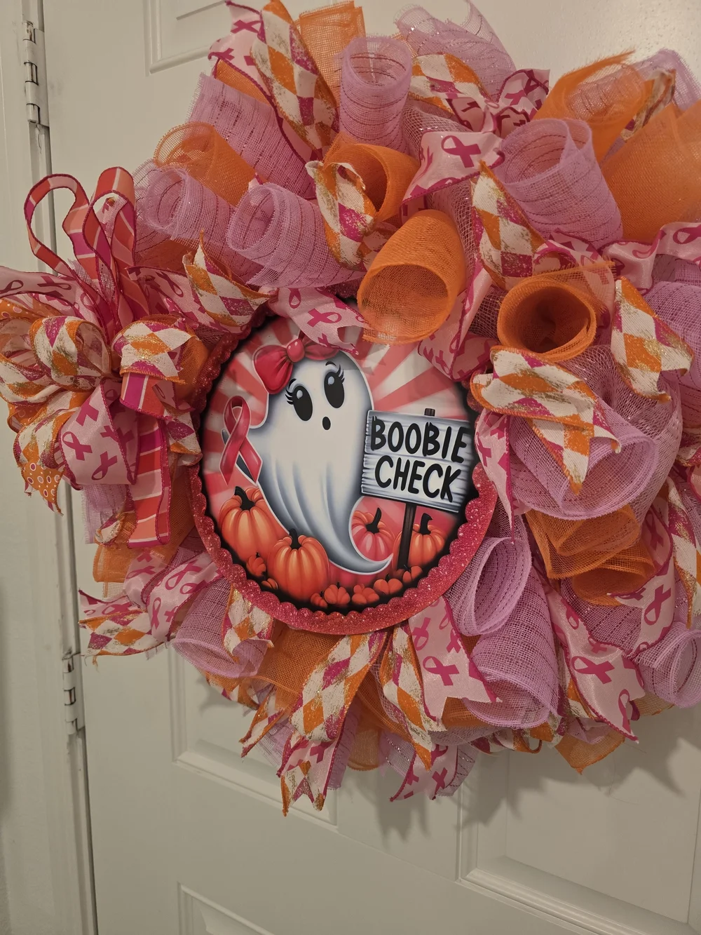Pink & Orange Breast Cancer Awareness Holiday Wreath - Boobie Check Halloween
